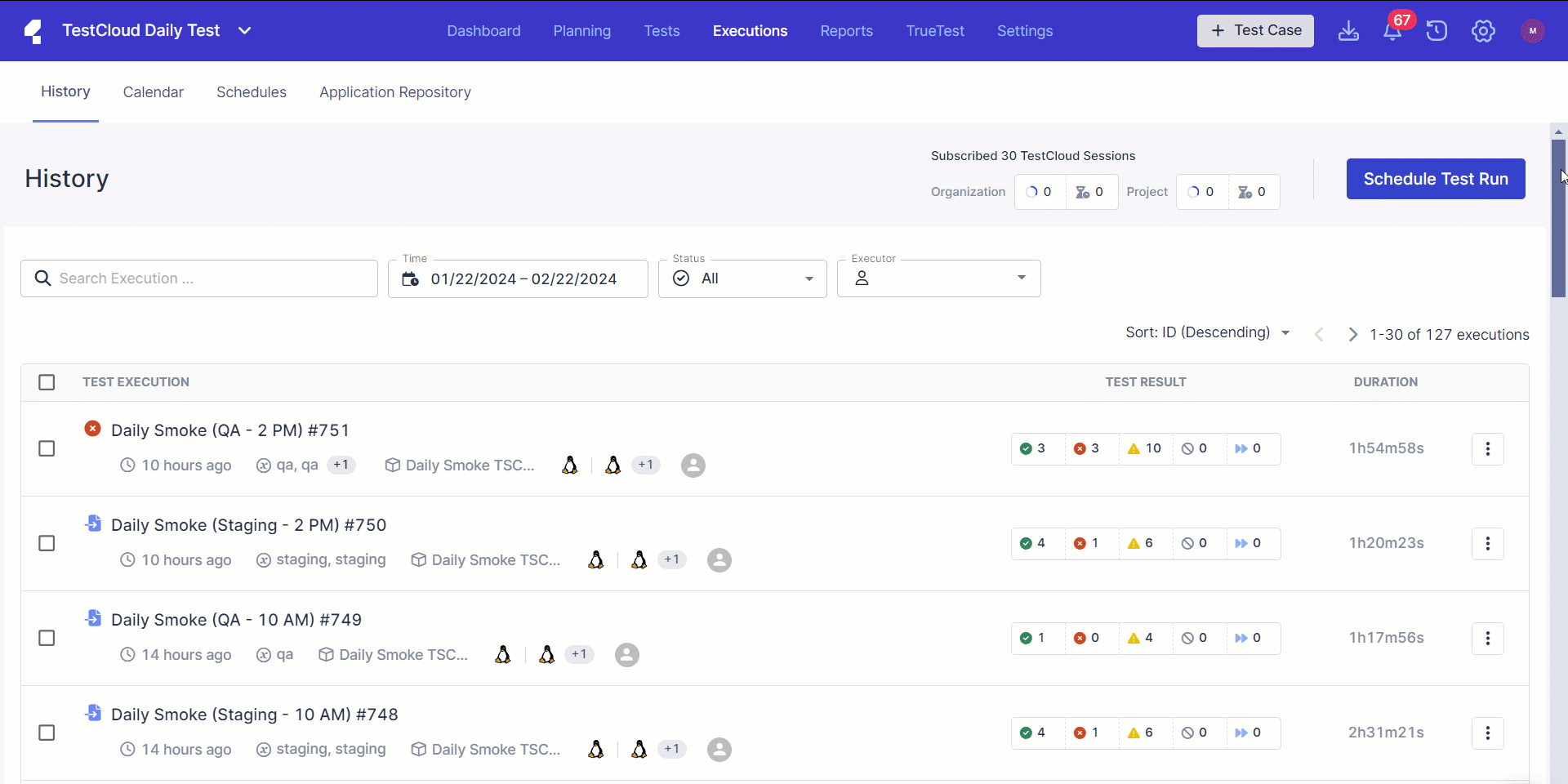 Katalon TestCloud history