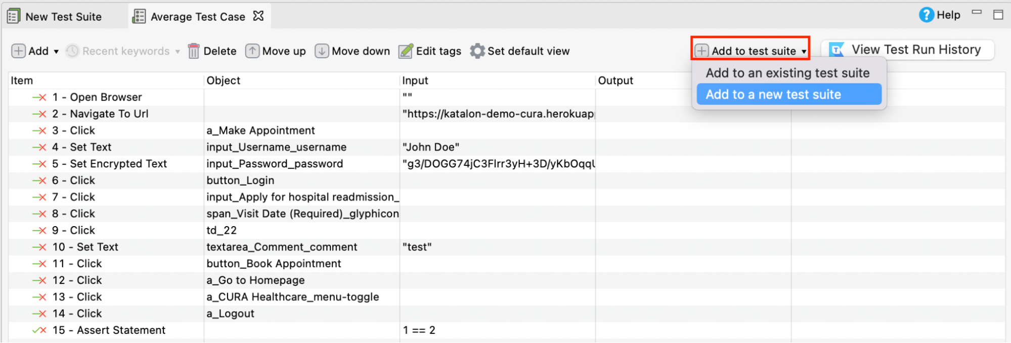 add a test case to a test suite in Katalon Studio