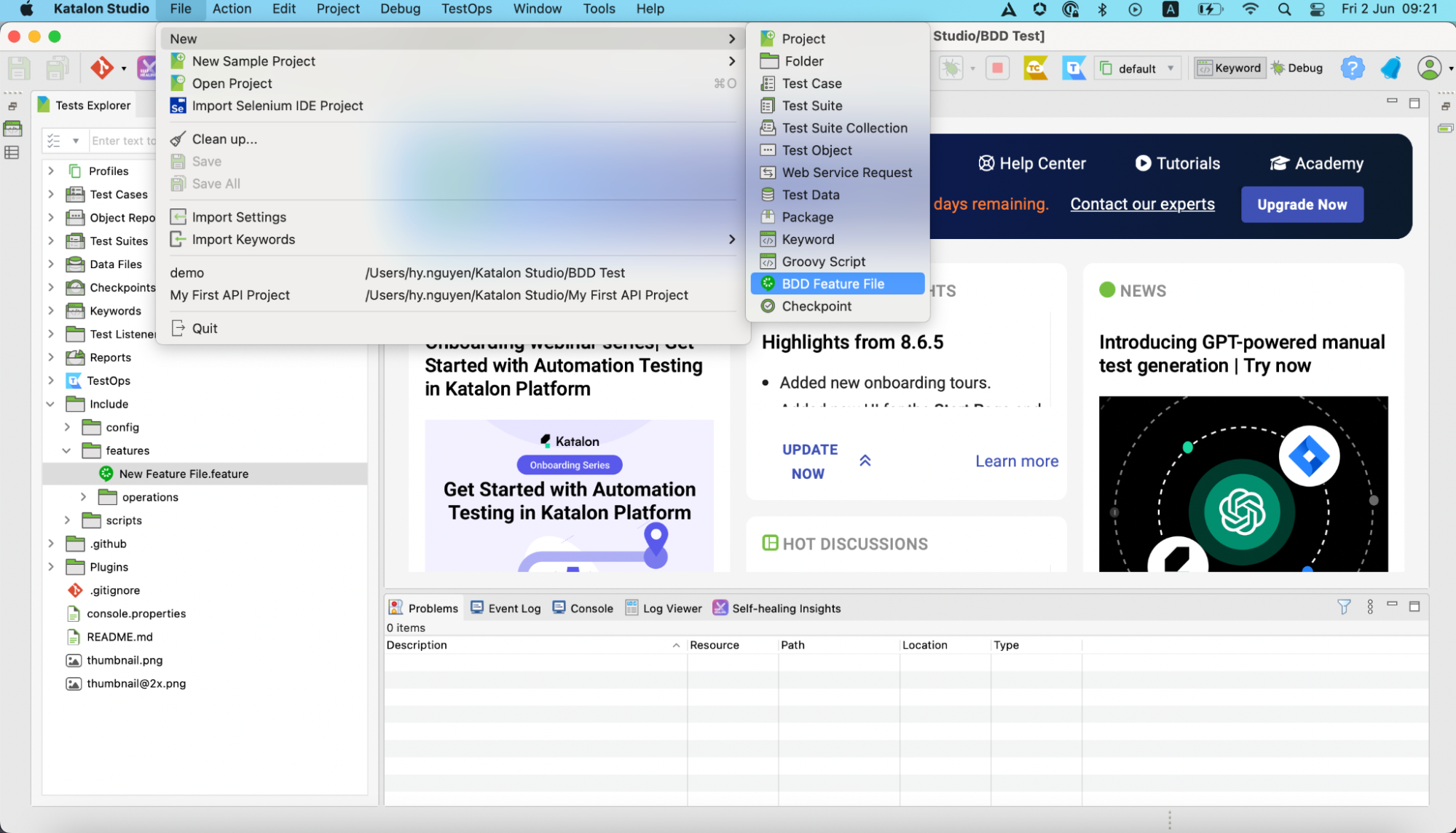 Create a new feature file in Katalon