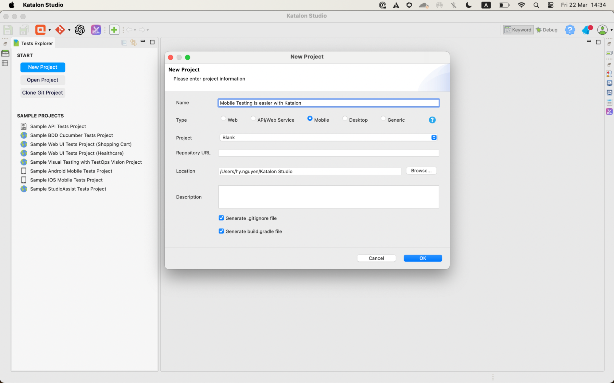 create a new mobile testing project