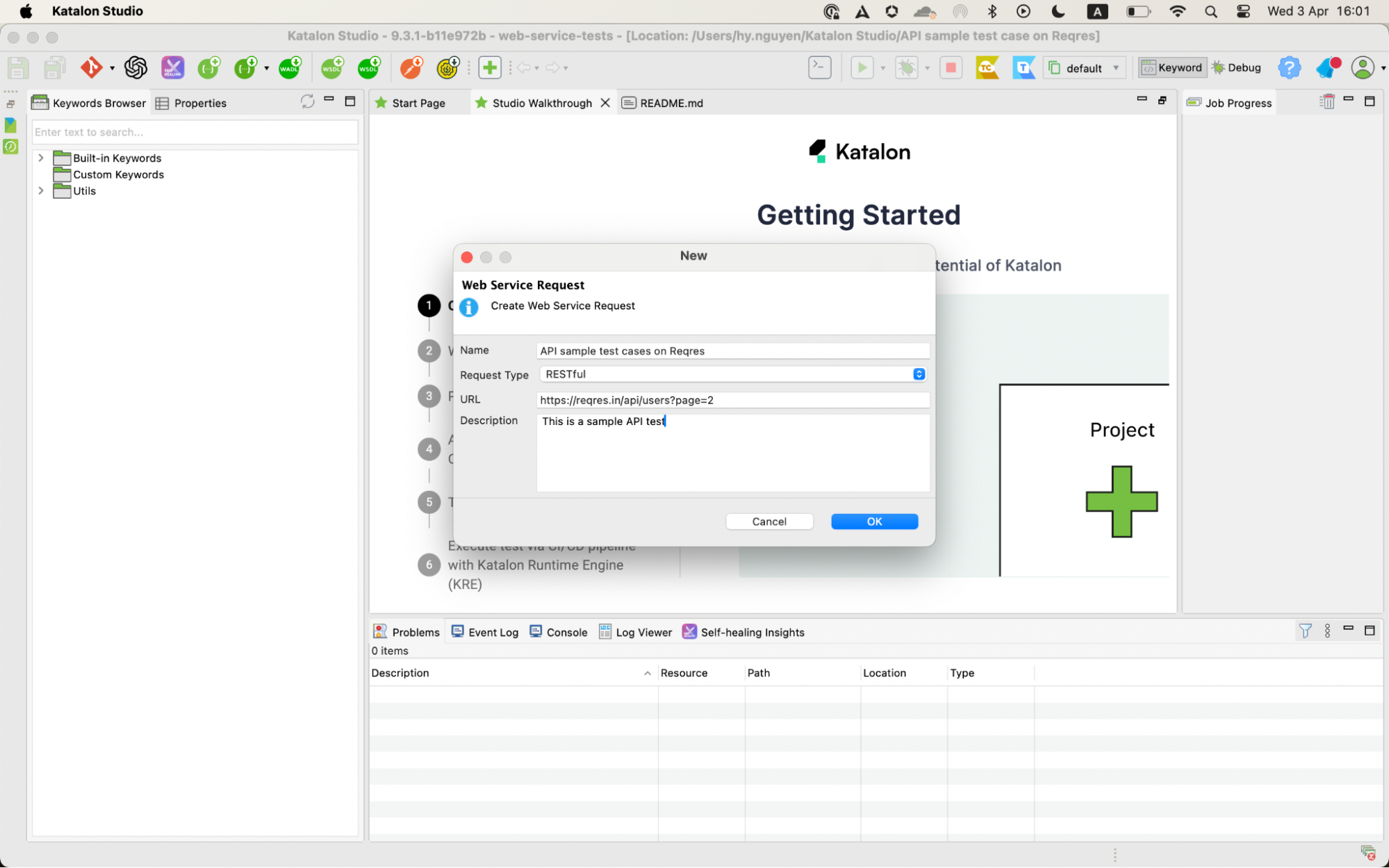 create a sample API test in Katalon Studio