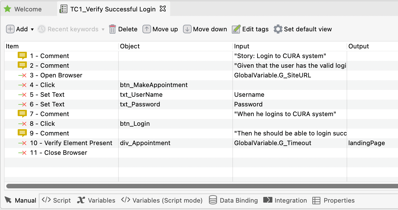 create a test cases using built-in keywords in Katalon Studio