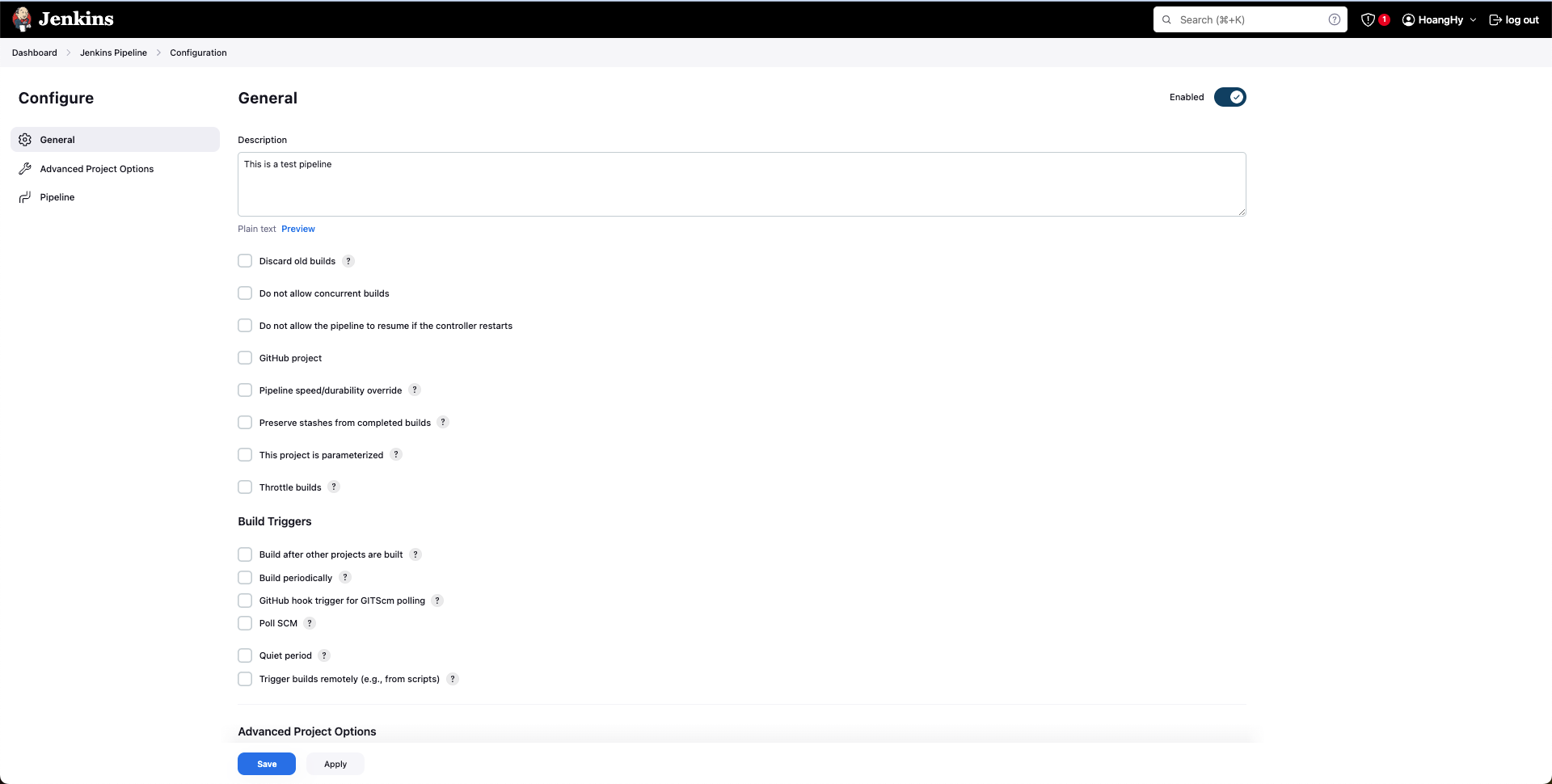 create a test Continuous Integration pipeline