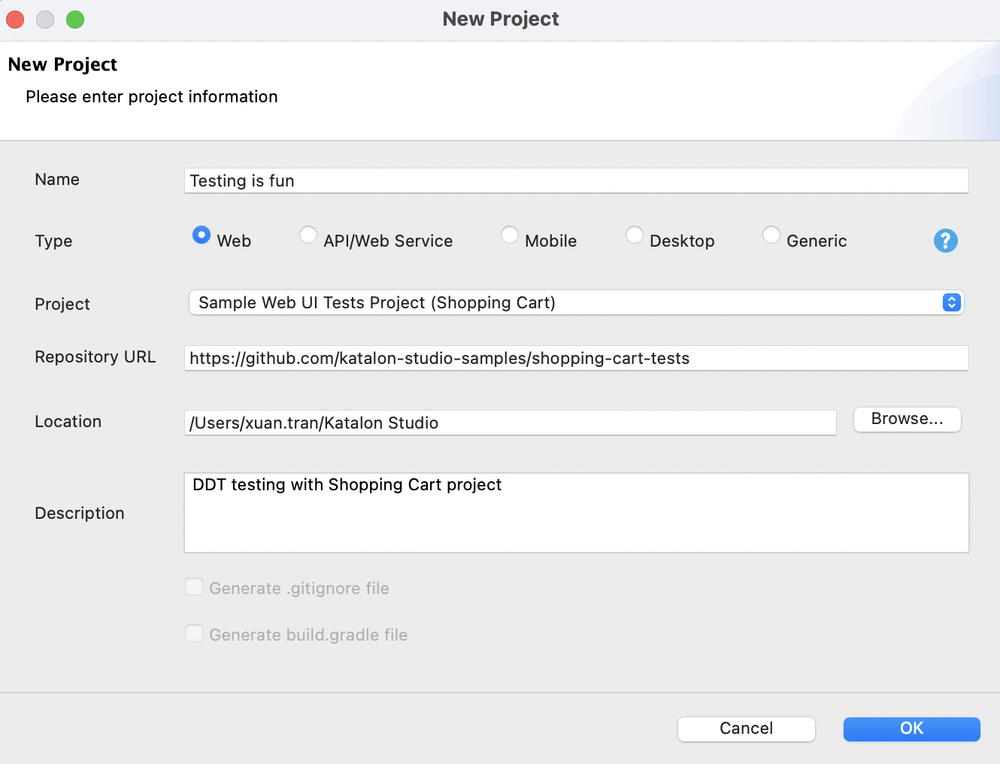 create a testing project on Katalon