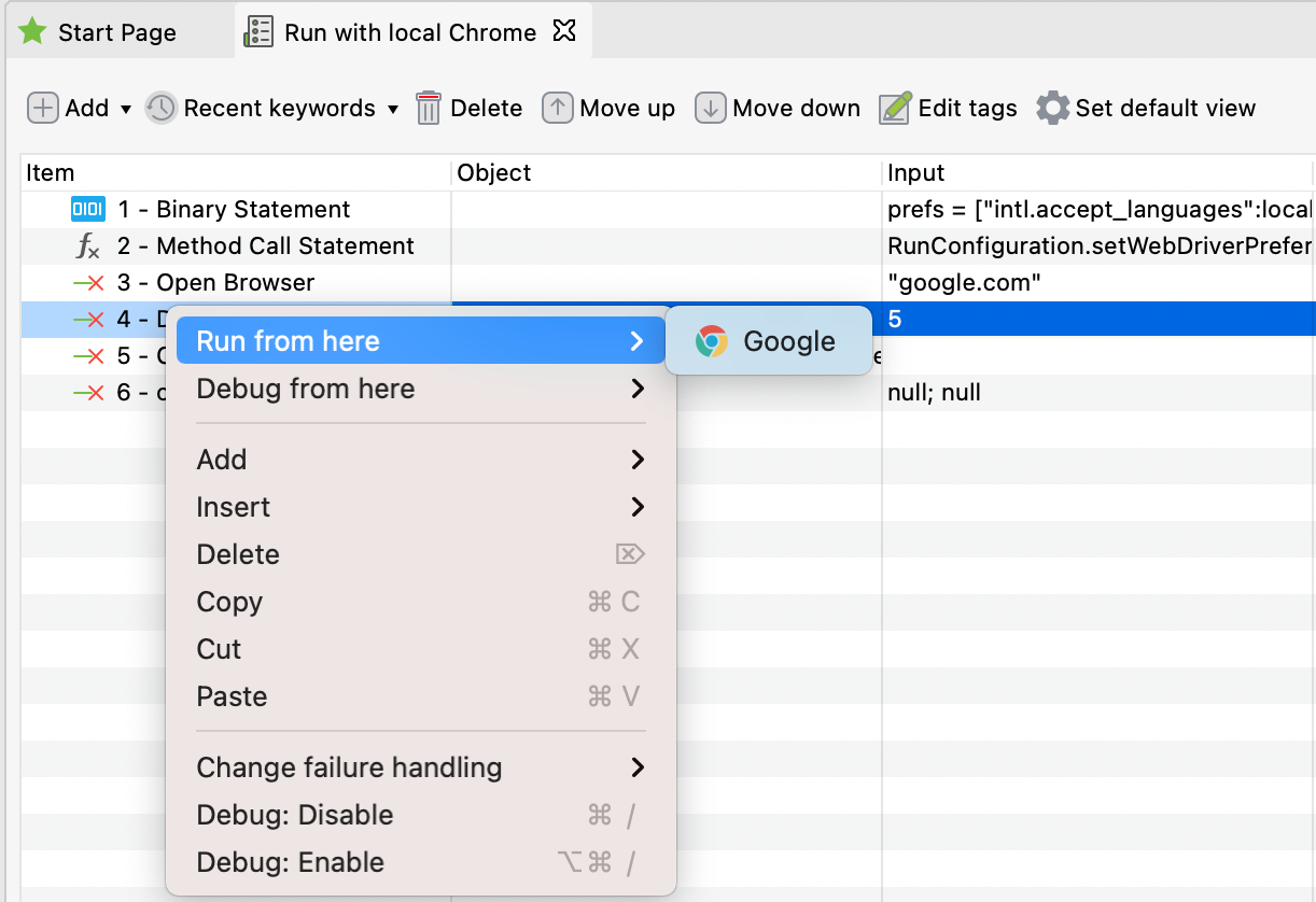 Debug from here and Debug Disable Enable with Katalon