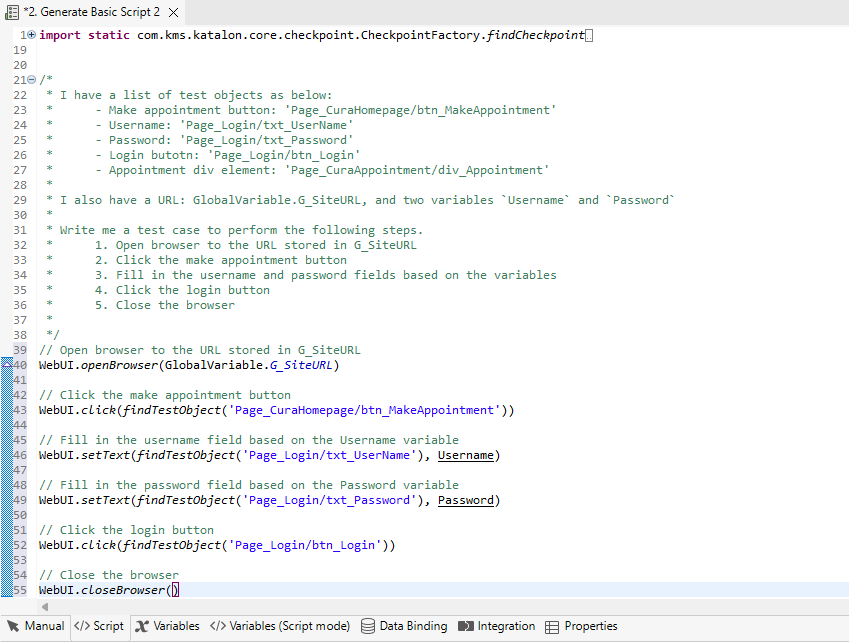 Generate basic test script in StudioAssist