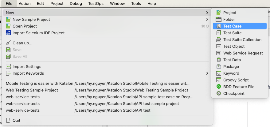 How to create a new test case in Katalon Studio