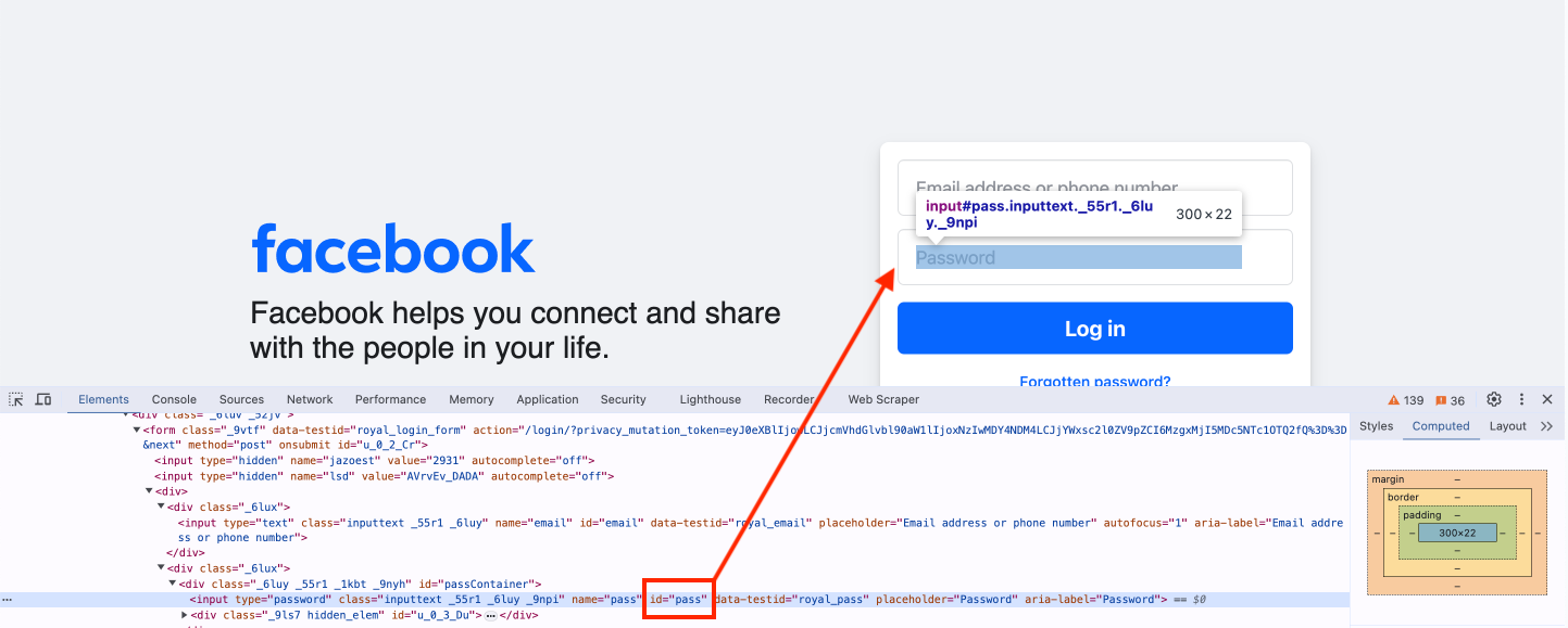 Inspect element on Facebook login page