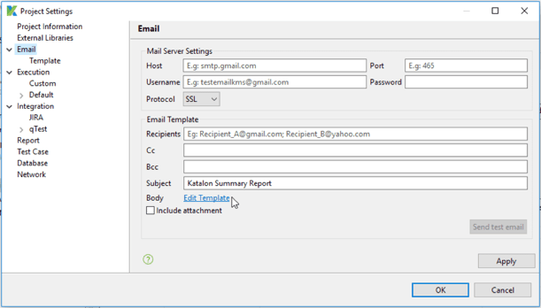 Katalon email settings
