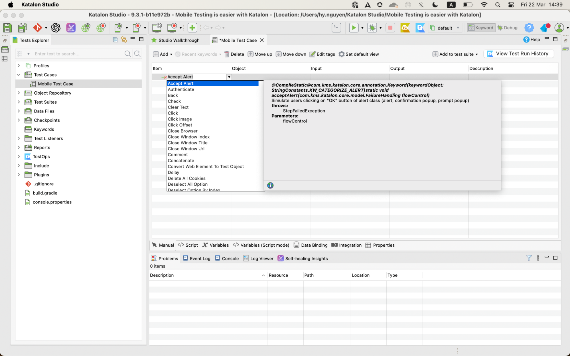 keywords for mobile testing in Katalon Studio