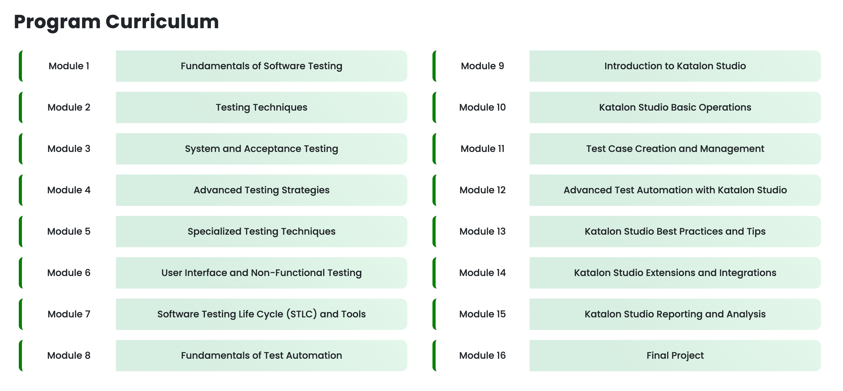Program curriculum Katalon virtual internship