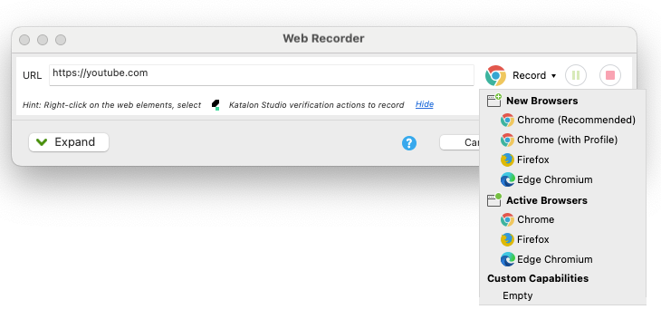 Record and playback feature in Katalon Studio