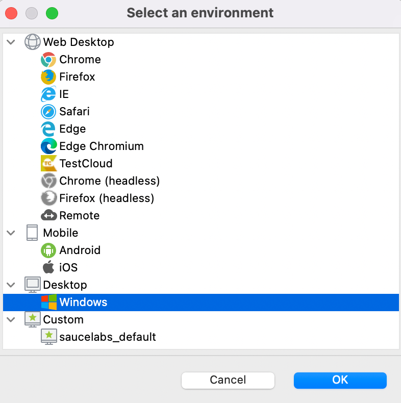 Selecting an environment for SAP testing with Katalon