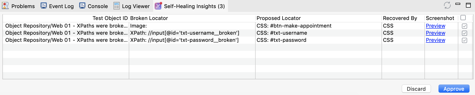 Self-healing insight tab