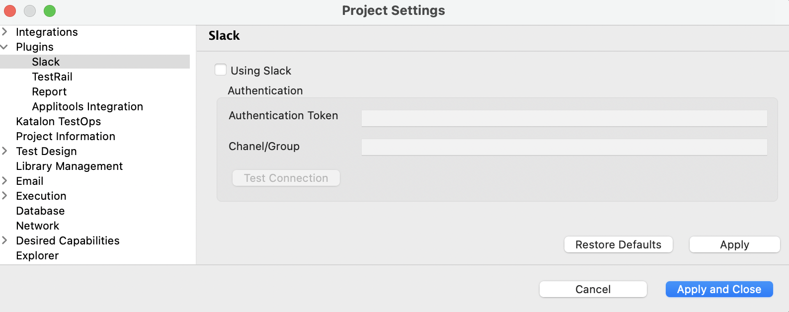 Slack integration with Katalon for test planning