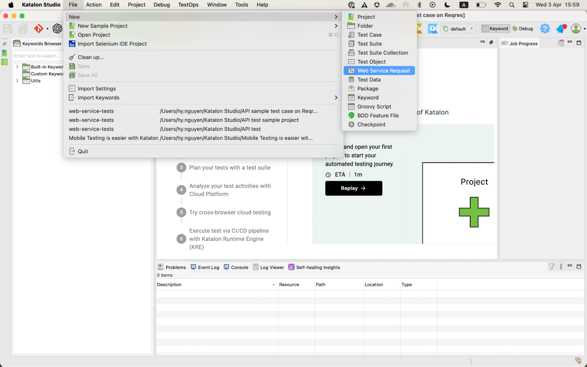 start a new API testing project in Katalon