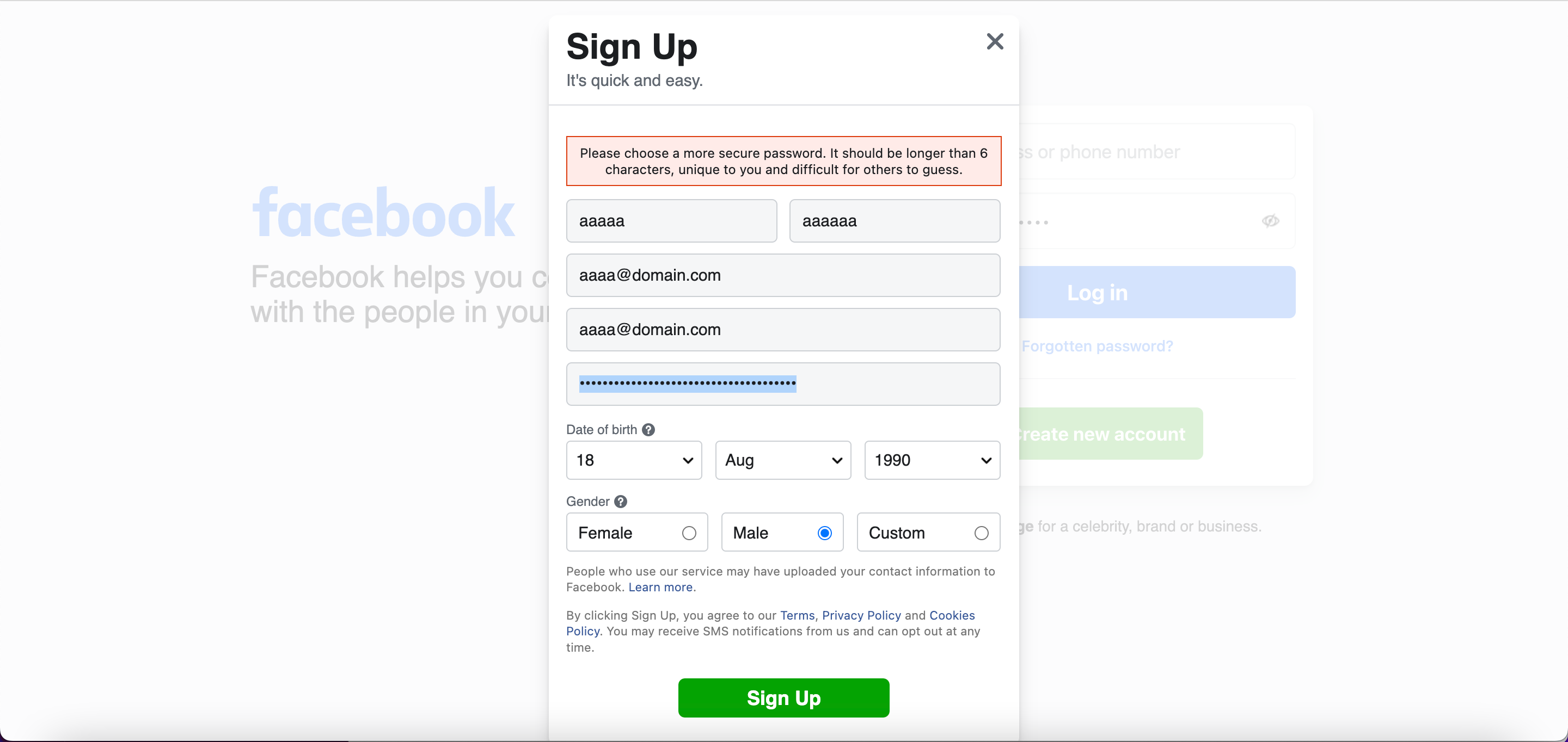 test cases for registration page with password too weak or too easy to guess